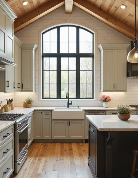Sage Cabinets with Black Iron Window Panes