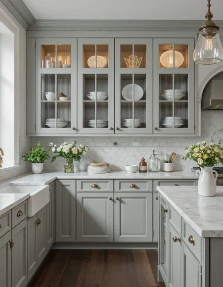 Sage Cabinets with Fluted Glass Upper Doors