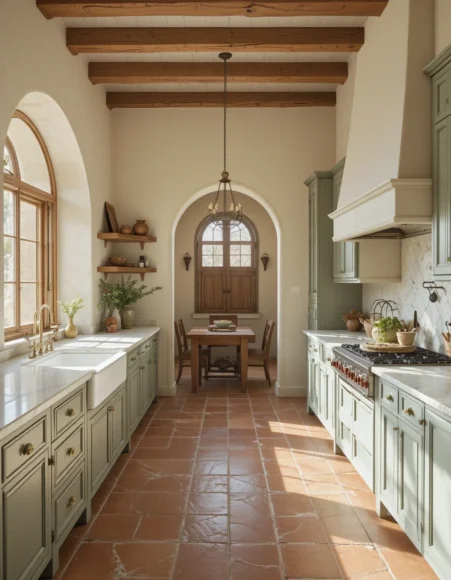 Sage Cabinets with Warm Terracotta Floor Tiles