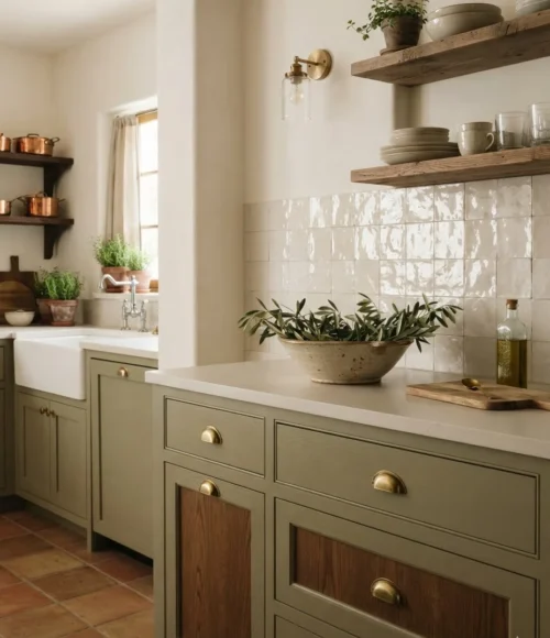 Sage Cabinets with Warm White Zellige Backsplash