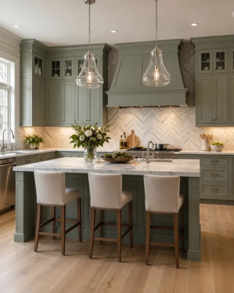 Sage Cabinets with White Herringbone
