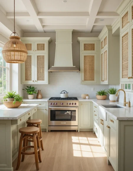 Sage Cabinets with Woven Rattan Cabinet Inserts