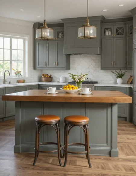 Sage Cabinets with a Butcher Block Breakfast Bar