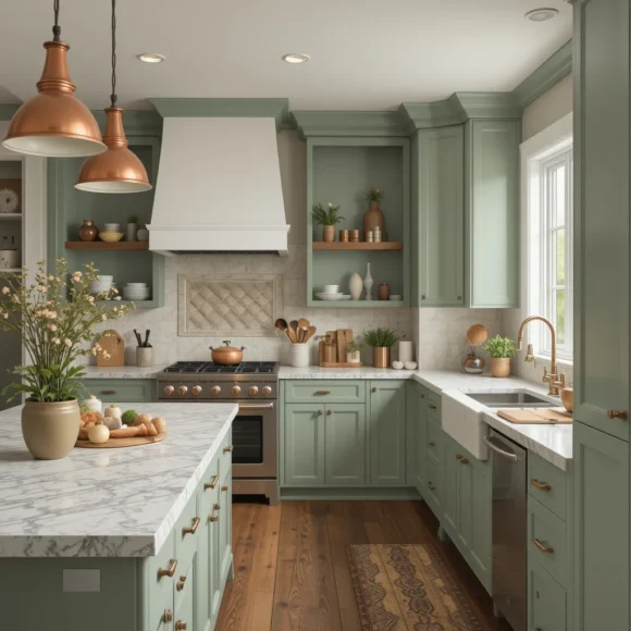 Sage Cabinets with a Copper Pot