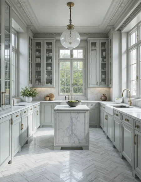Sage Cabinets with a Marble Herringbone Floor