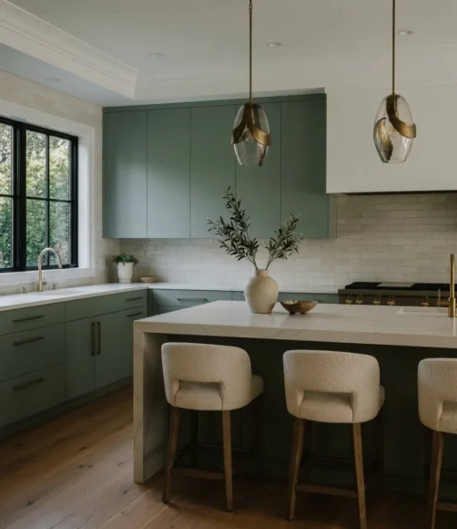 Sage Cabinets with a Warm White