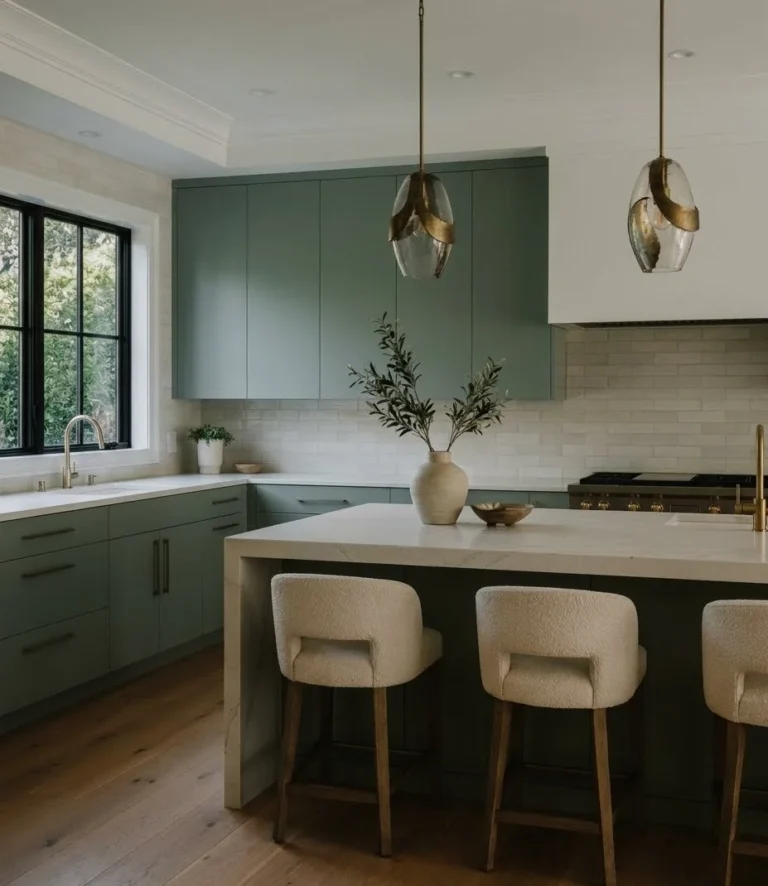Sage Cabinets with a Warm White