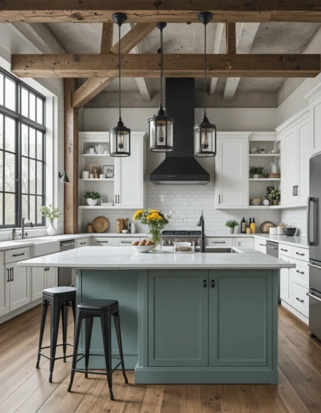 Sage Green Island with Matte Black Industrial Fixtures