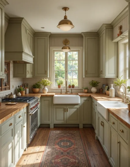 Sage Kitchen with Vintage Brass Schoolhouse Lighting