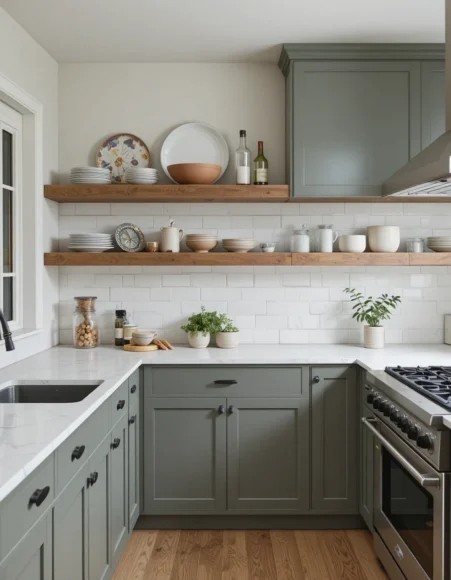 Sage Lowers with Open Oak Floating Shelves