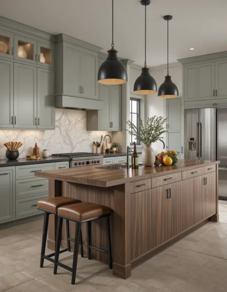 Sage Perimeter with a Walnut Island Contrast