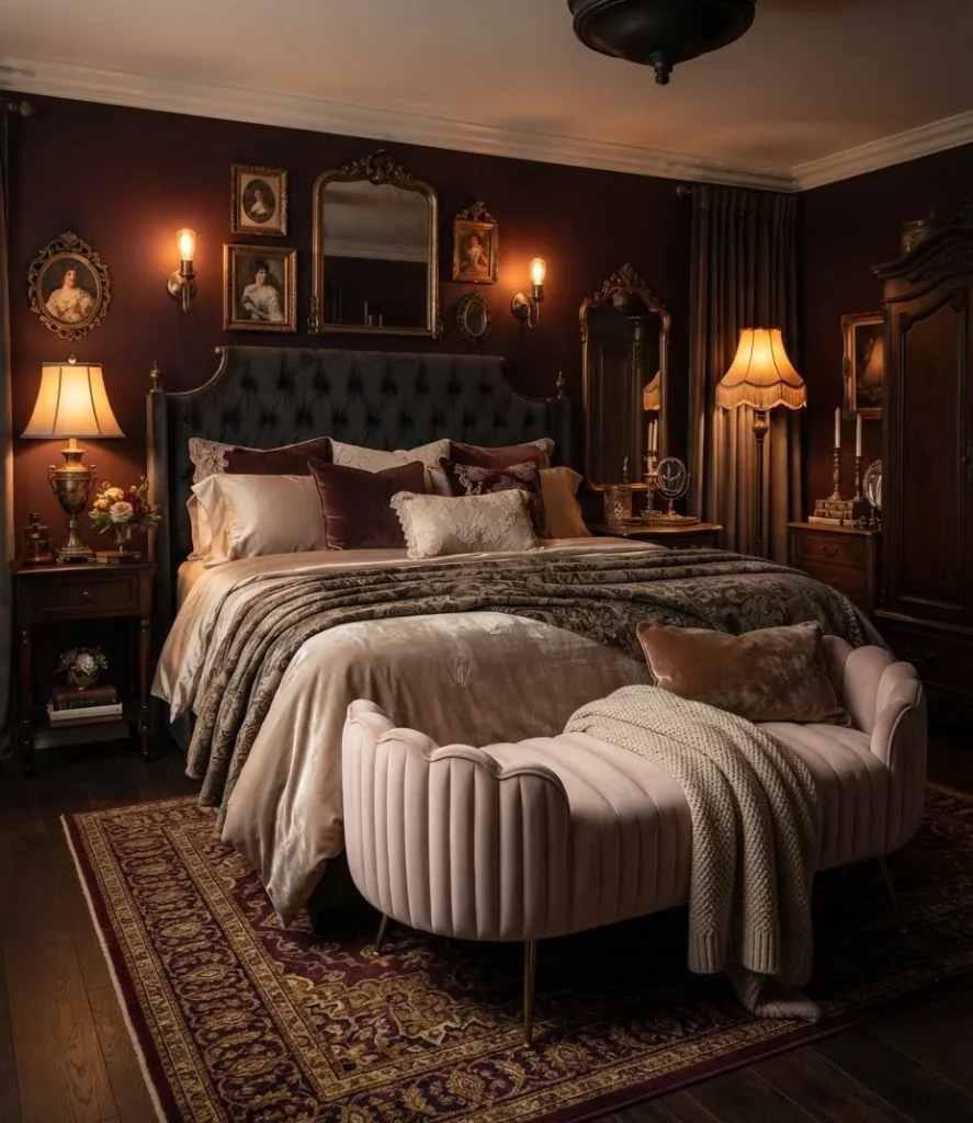 Scalloped Blush Velvet Bench at the Foot of the Bed