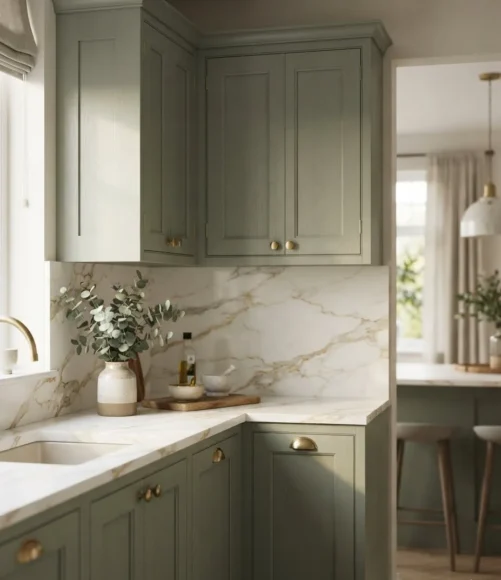 Shaker Sage Cabinets with Calacatta Gold Quartz