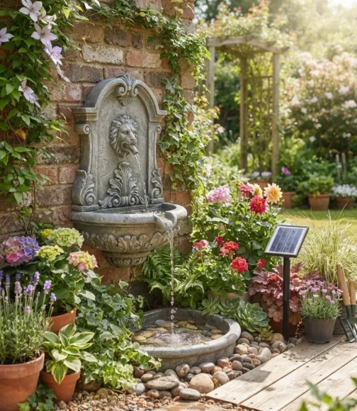 Solar-Powered Resin Wall Spout Fountain