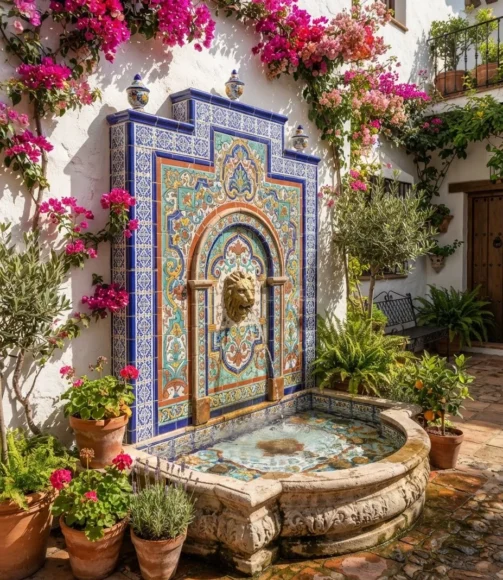 Spanish Talavera Tile Mural Fountain