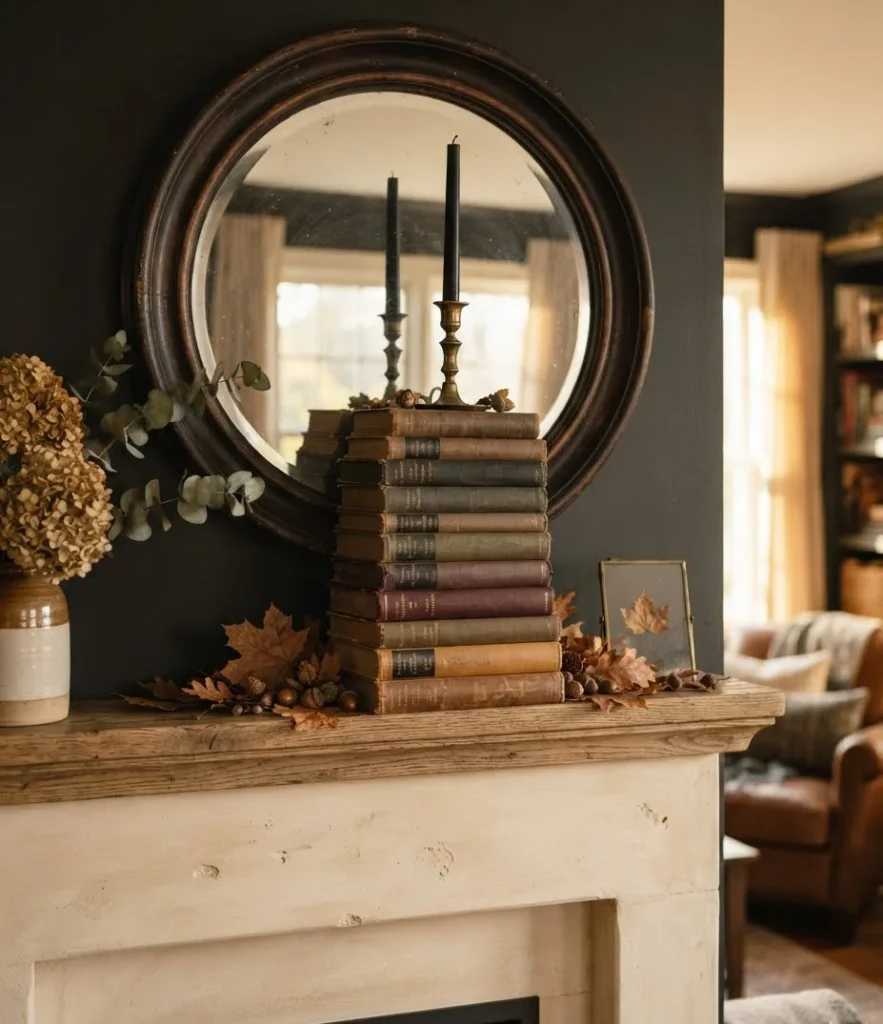 Stacked Vintage Books with a Single Black Taper