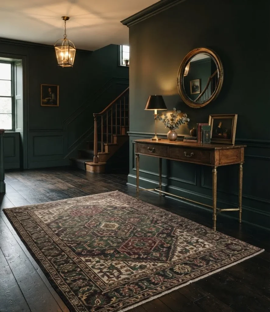 Statement Pattern Rug Over Dark Wood Floors