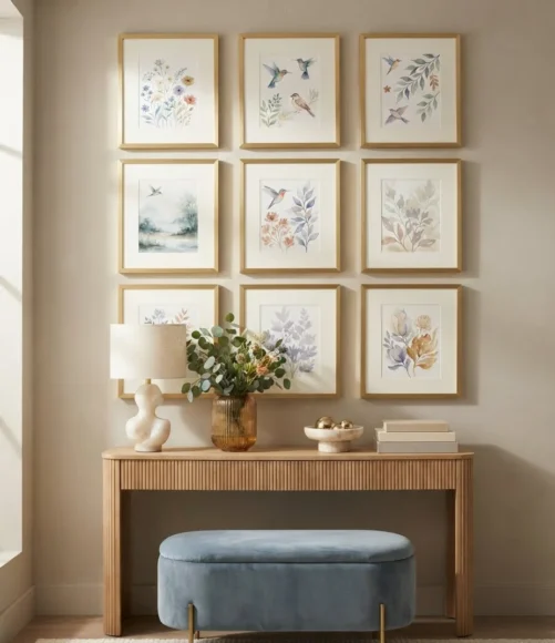 Symmetrical Gold Frame Grid Over a Console