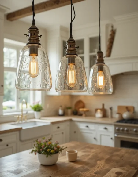 Trio of Clear Glass Seeded Bell Pendants