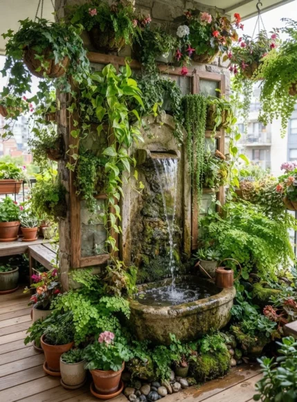 Vertical Garden Fountain with Trailing Vines