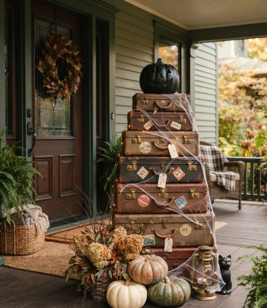 Vintage Suitcase and Pumpkin Porch Stack