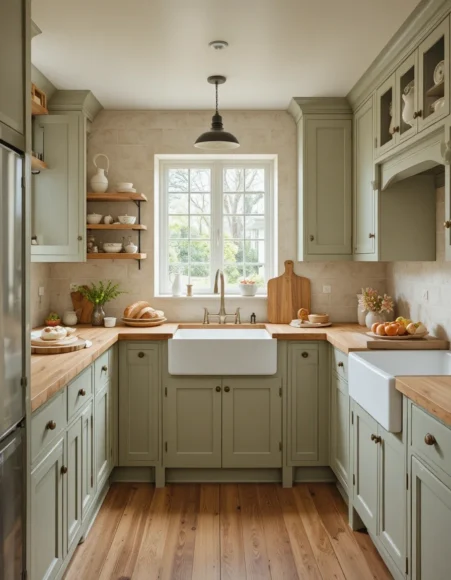 Warm Sage Cabinets with Butcher Block Countertops