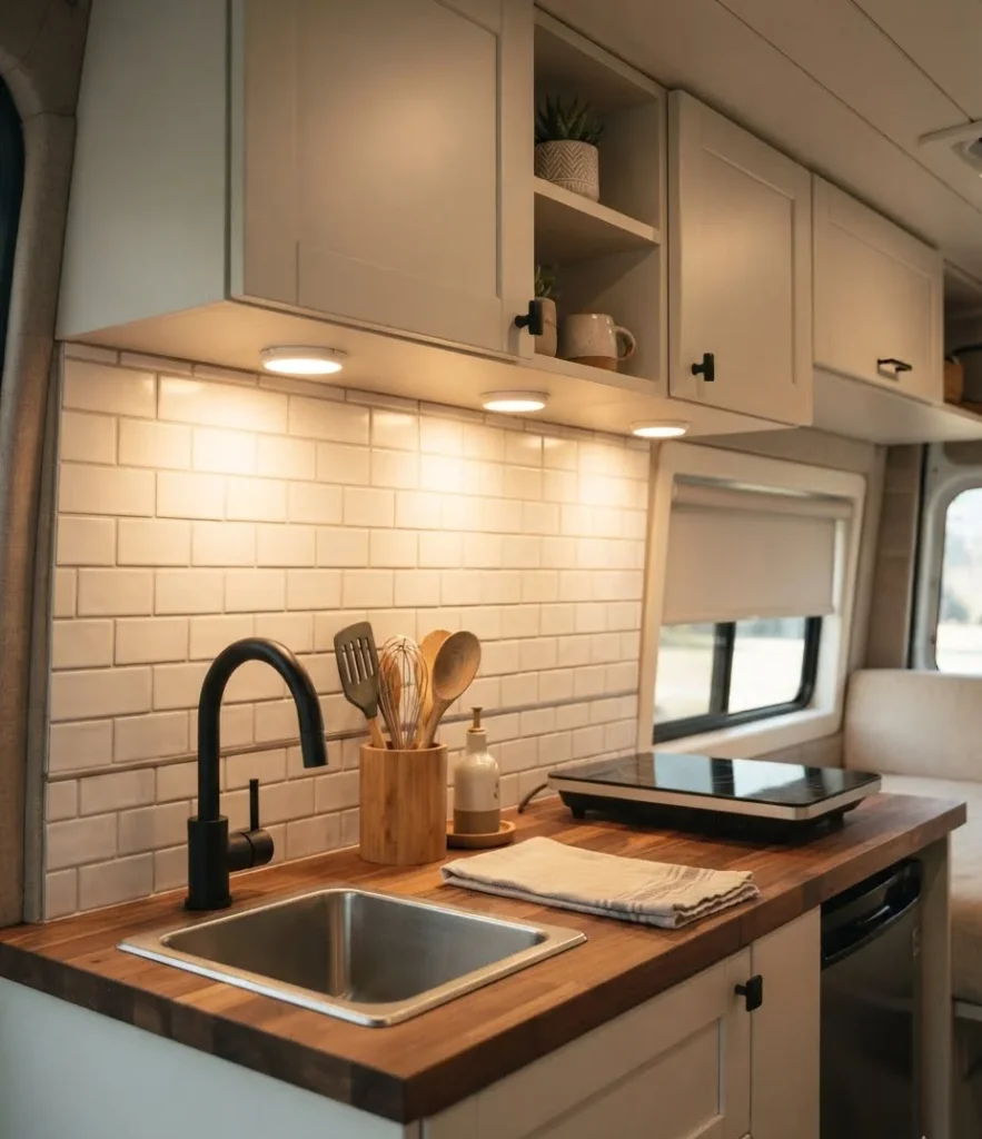 Warm White LED Puck Lights Under the Cabinets