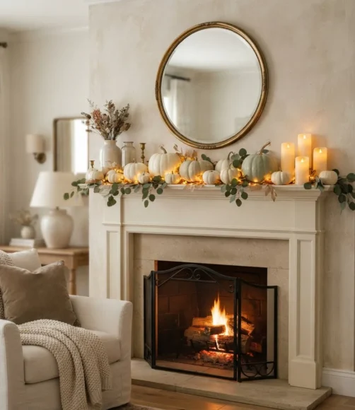 White Pumpkin & Amber Light Mantel