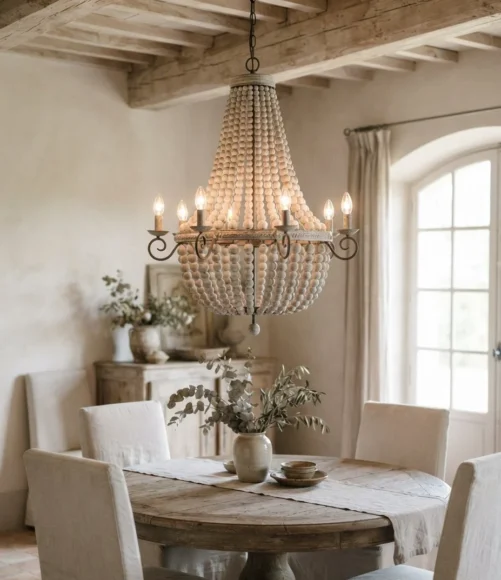 Whitewashed Beaded Timber Chandelier Pendant