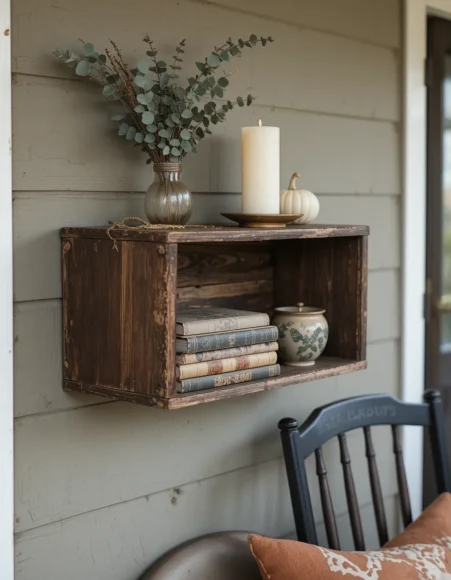 Wood Crate Shelf Styled with Books and a Candle