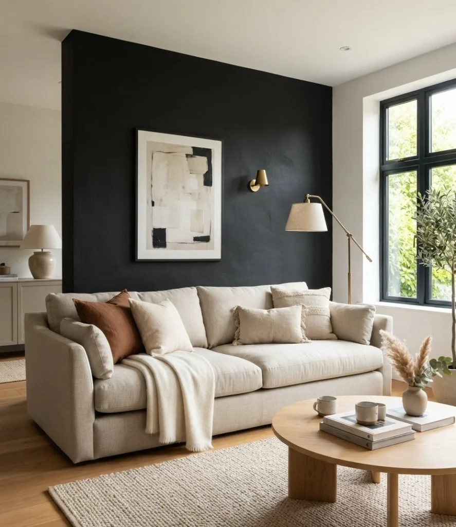 Black Accent Wall Behind a Light Sofa