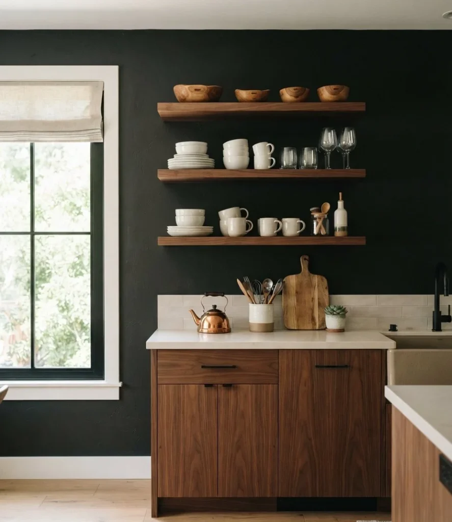 Black Kitchen Wall With Open Shelving