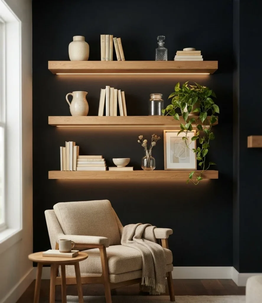 Black Wall With Floating Oak Shelves