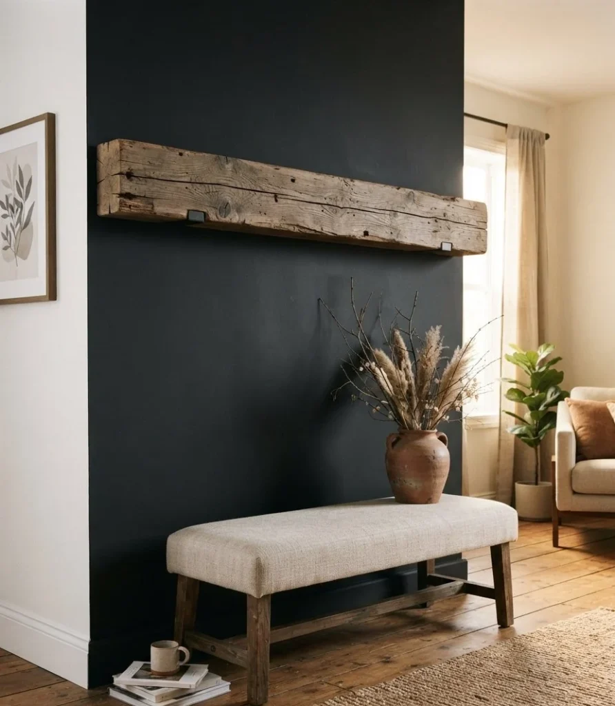 Black Wall With a Reclaimed Wood Beam
