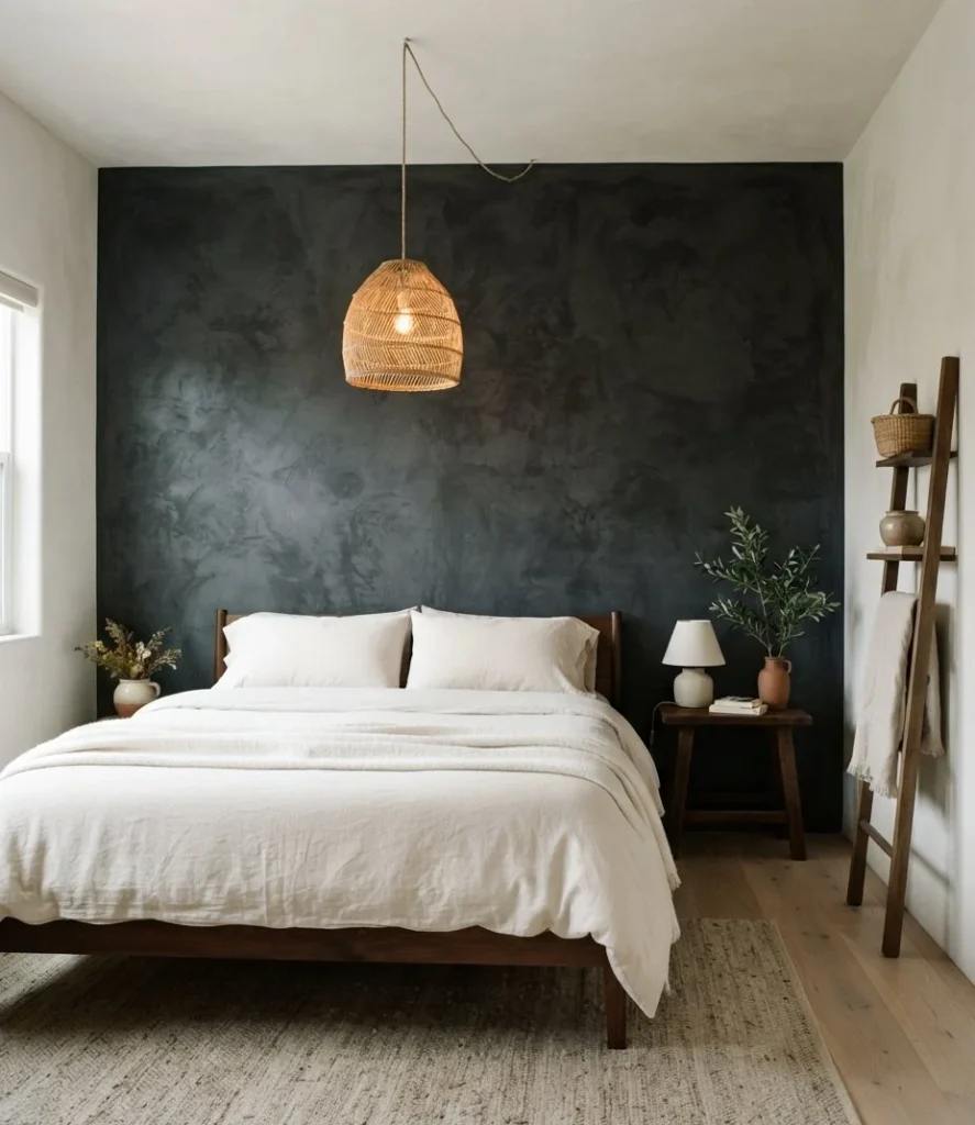 Cloudy Black Limewash Bedroom Wall
