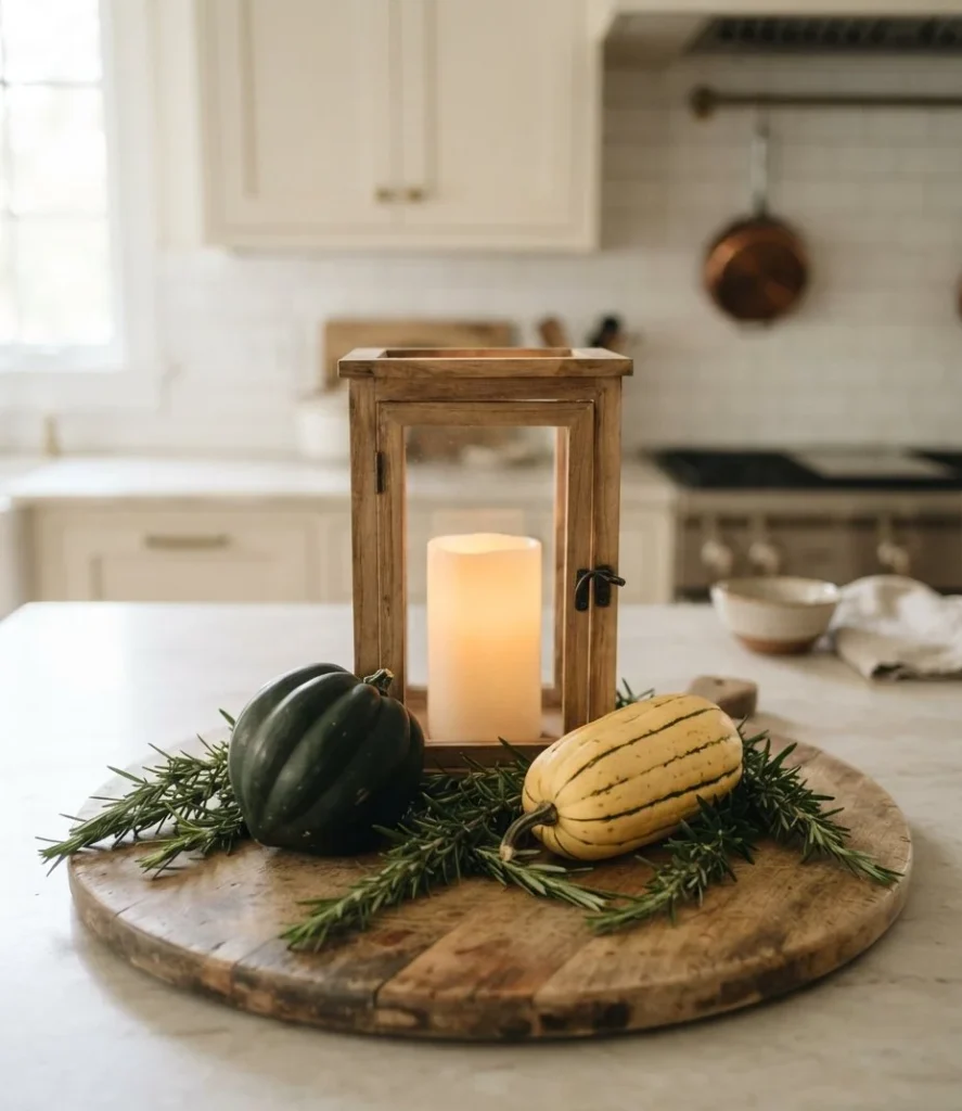 Cutting Board Lantern with Squash and Rosemary