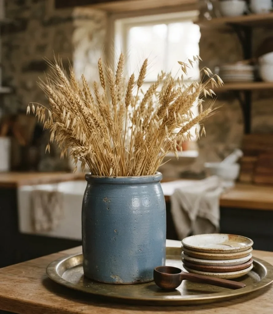 Dusty Blue Crock with Dried Wheat