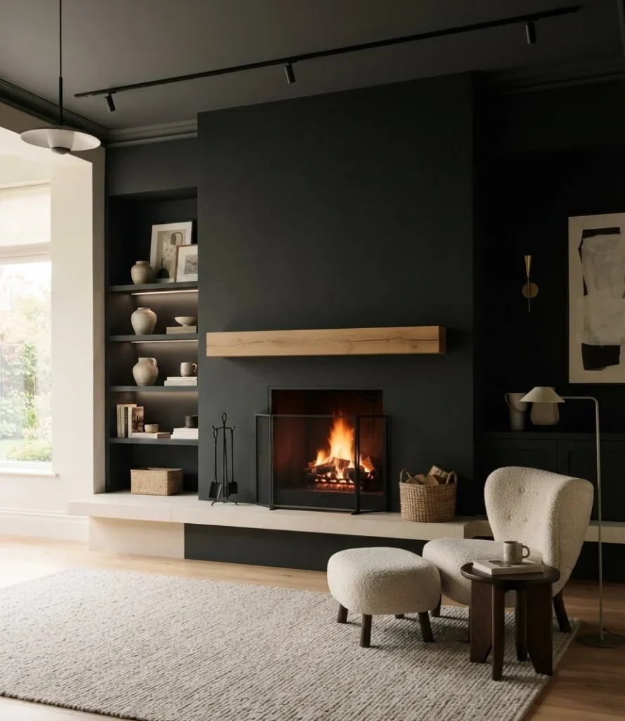 Floor-to-Ceiling Black Fireplace Wall