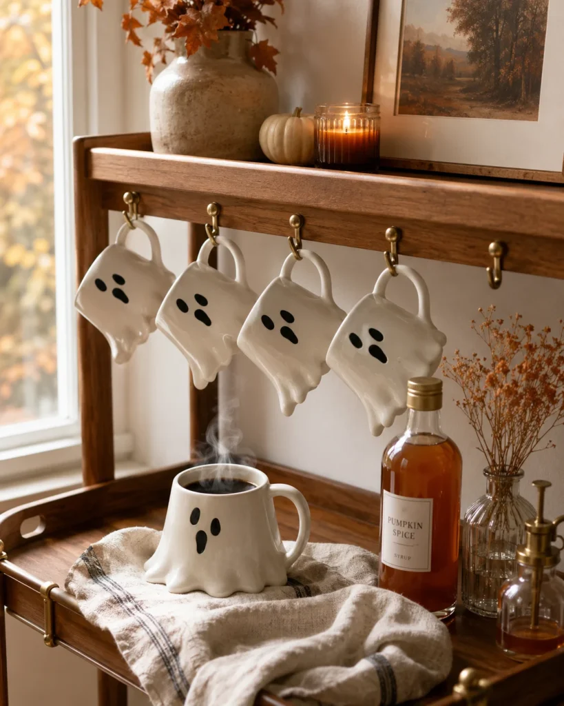 Ghost-Shaped Ceramic Mugs and Coffee Bar Cart
