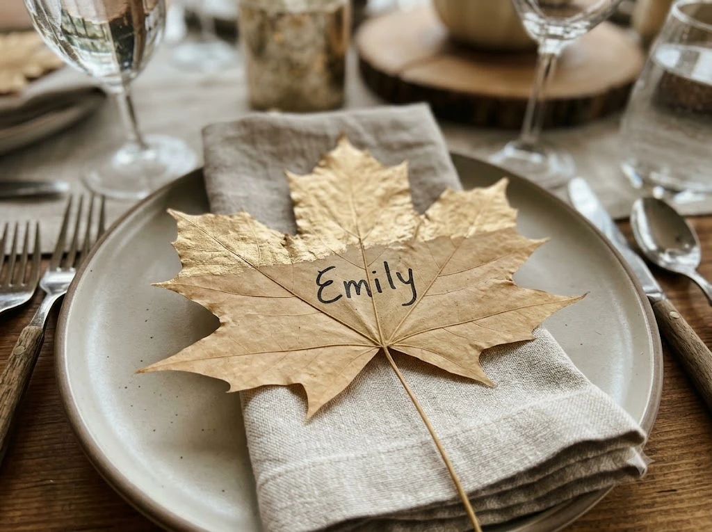 Gold-Dipped Fallen Leaves Place Cards