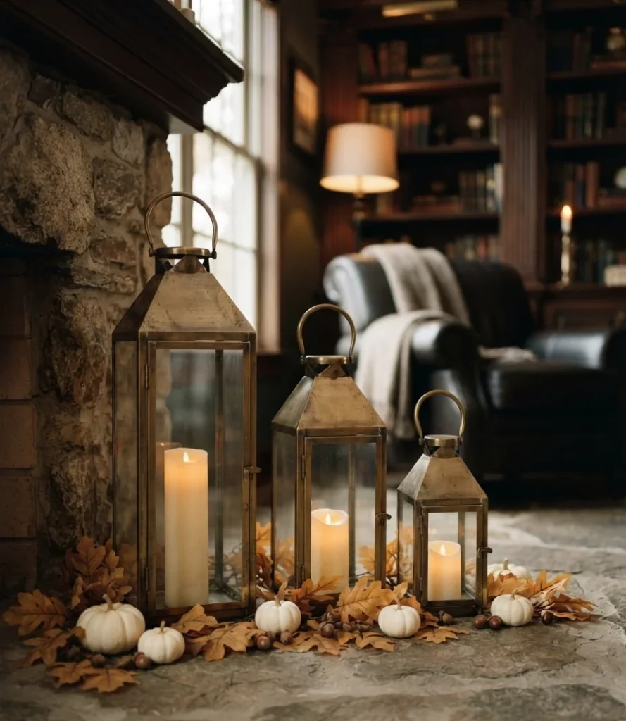 Graduated Brass Lantern Trio on the Hearth