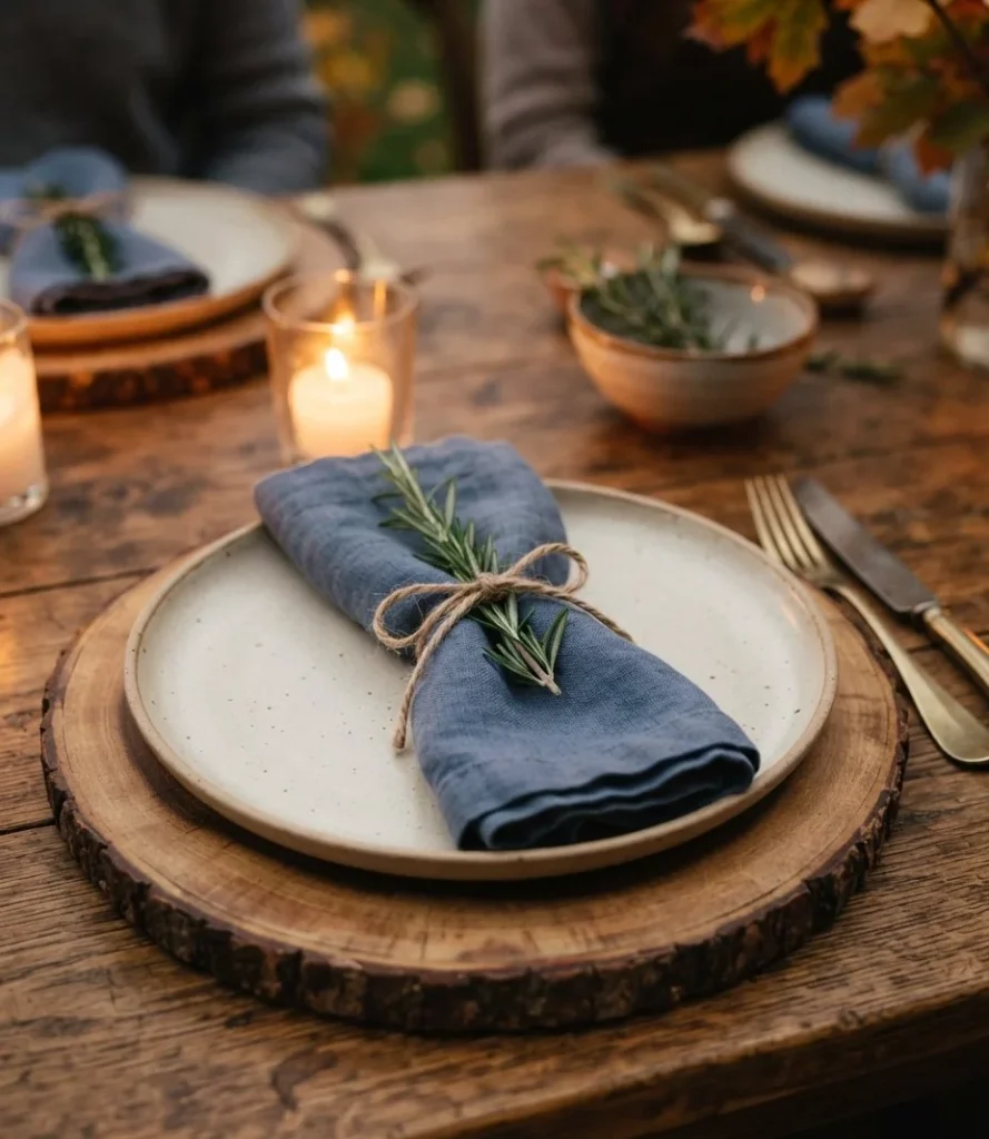Indigo Napkins with Raw Wood Chargers