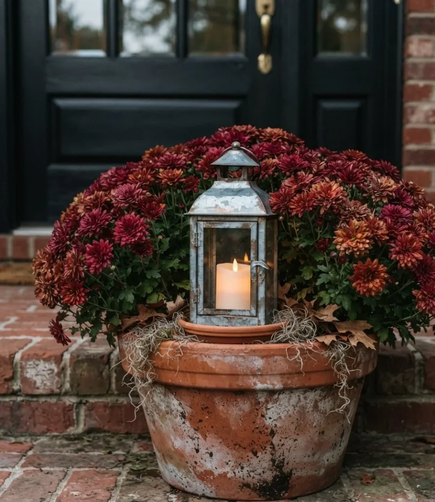 Lantern Nestled in a Burgundy Mum Planter