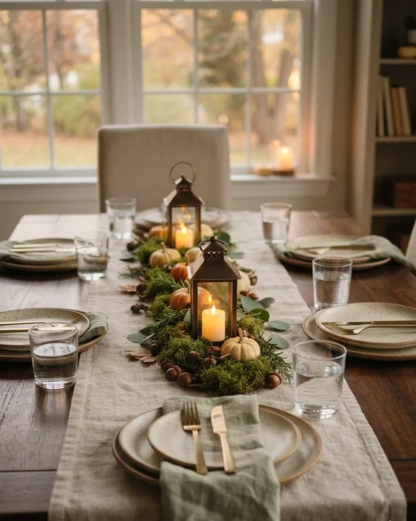 Low Lantern Row on a Linen Table Runner