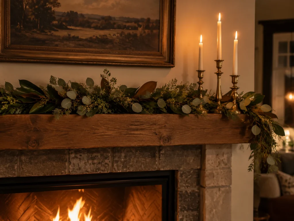 Low-Profile Mantel Greenery and Brass