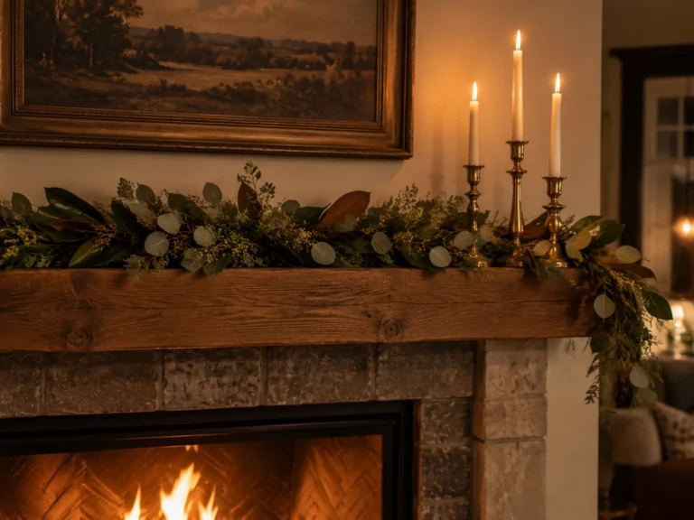 Low-Profile Mantel Greenery and Brass