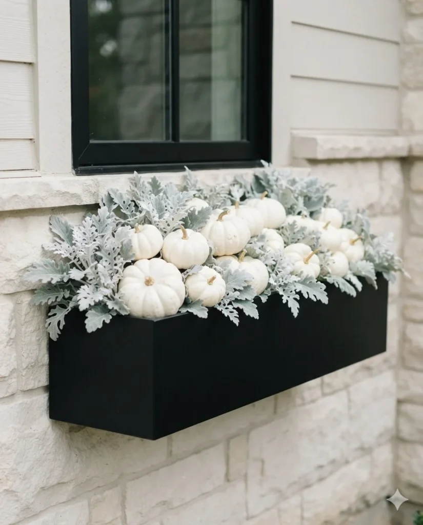 Matte Black Box With White Pumpkins And Dusty Miller