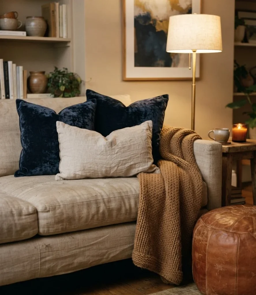 Midnight Velvet & Cognac Sofa Layering