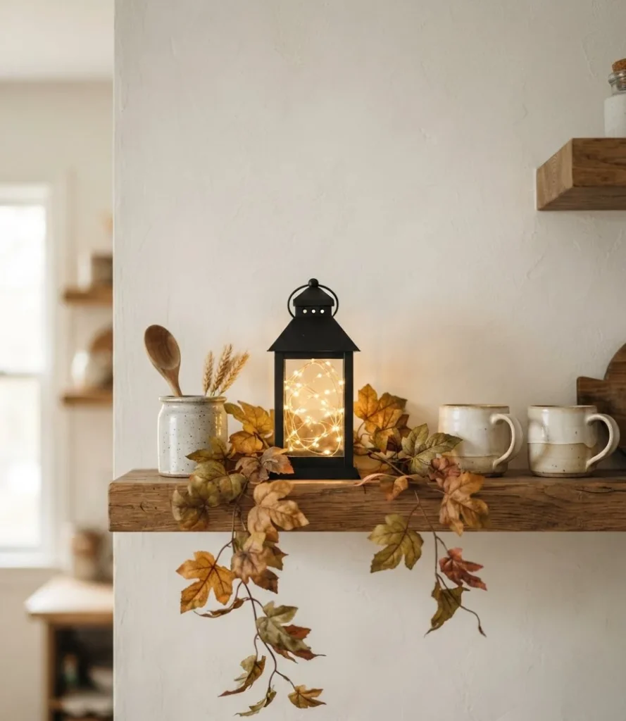 Open-Shelf Lantern with Cascading Autumn Vine