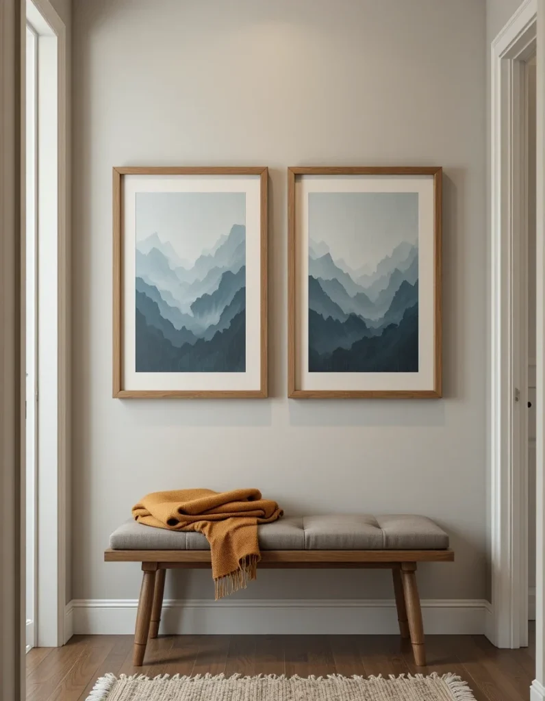 Slate Blue Art with Warm Wood Frames